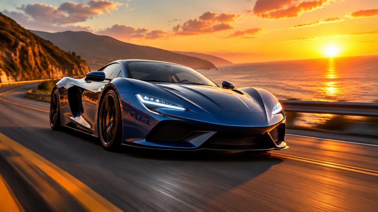 Coastal highway in a supercar at golden hour
